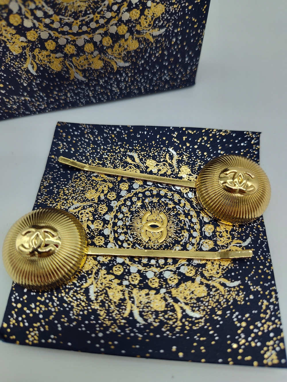 CHANEL BEAUTÉ Gold CC Logo Hair Pins Celestial Gift Box Promotional Set of 2 NIB